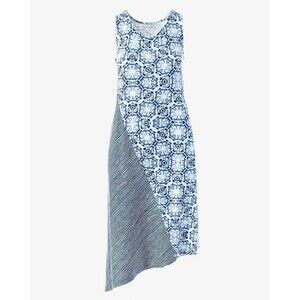 Chicos Jeanius Harmony Midi Dress Stretch Sleeveless Asymmetric Size 1 US M Blue